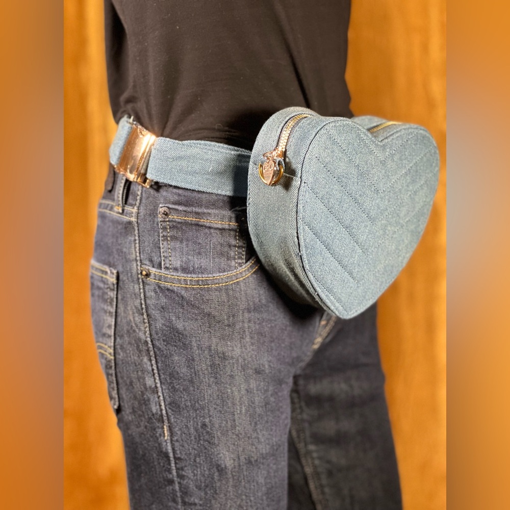 626 Marissa leigh Heart-Shaped Blue Denim belt bag and Crossbody.